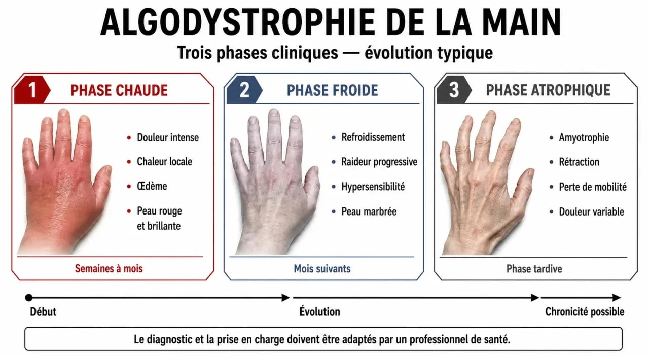 Schéma des phases de l'algodystrophie de la main et séquelles possibles