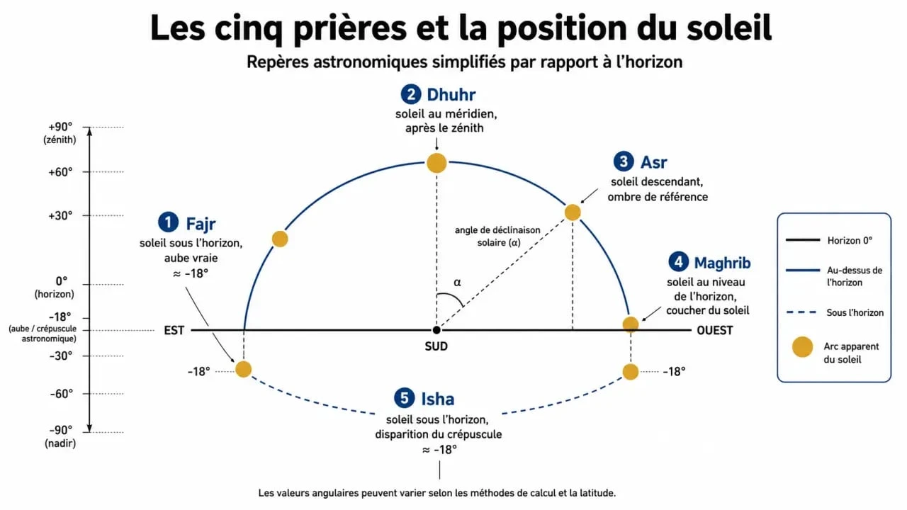 Infographie explicative des horaires de prière à Alfortville selon la position du soleil