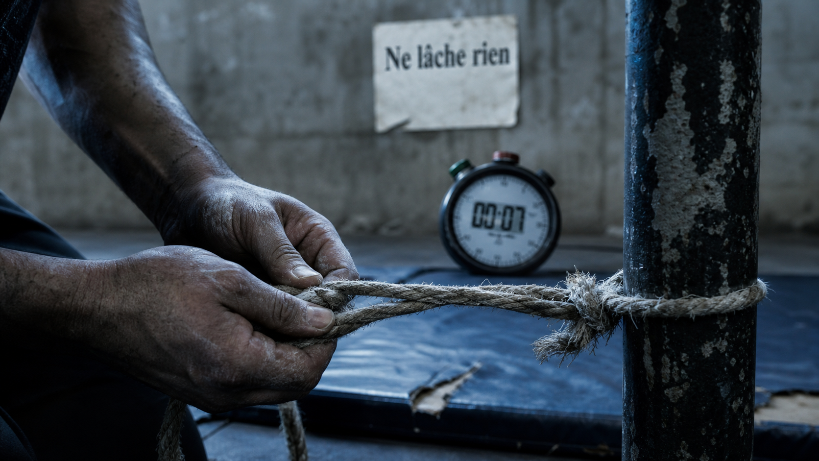 Ne rien lacher : mains tenant une corde effilochée, effort et temps