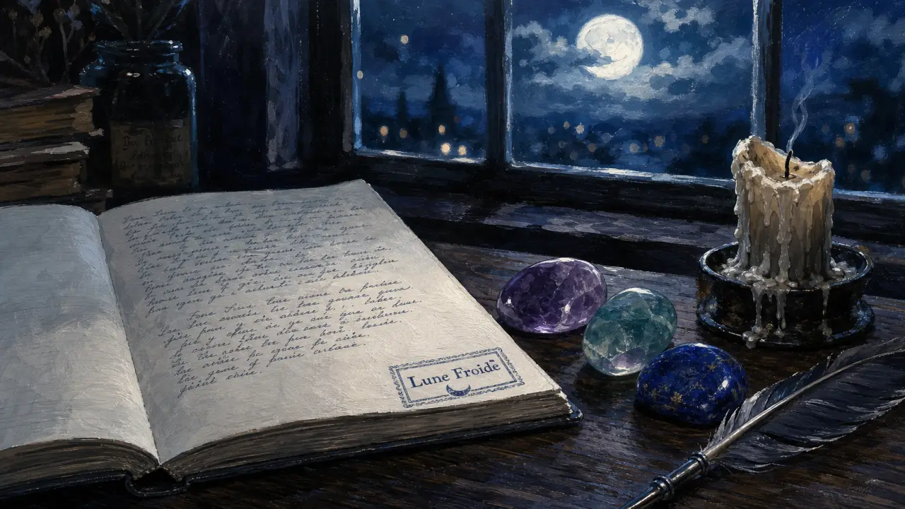 Pleine lune en gémeaux, Lune Froide : carnet, pierres et bougie sous la lune nocturne