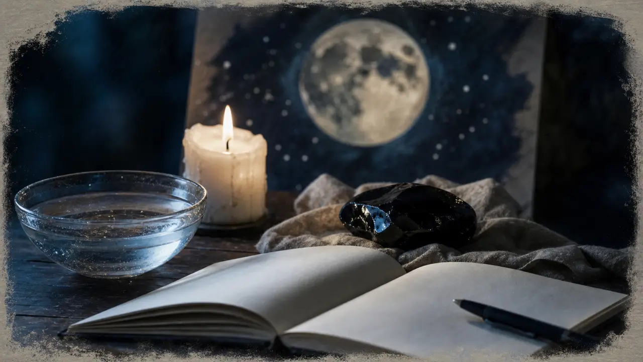 Pleine lune en Scorpion, rituel de libération : bol d’eau salée, bougie, obsidienne