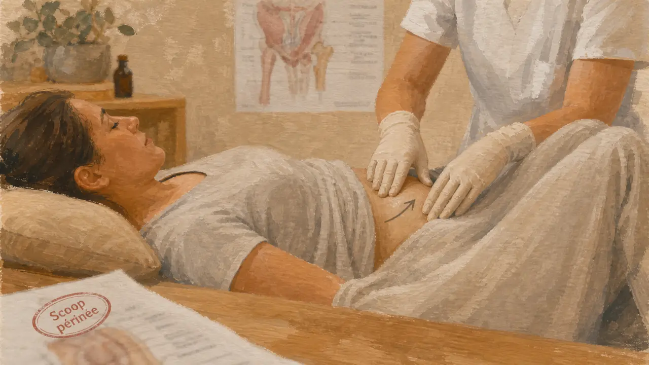Que veut dire scoop en kinésithérapie périnée : mains gantées guidant l’abdomen sur table de consultation