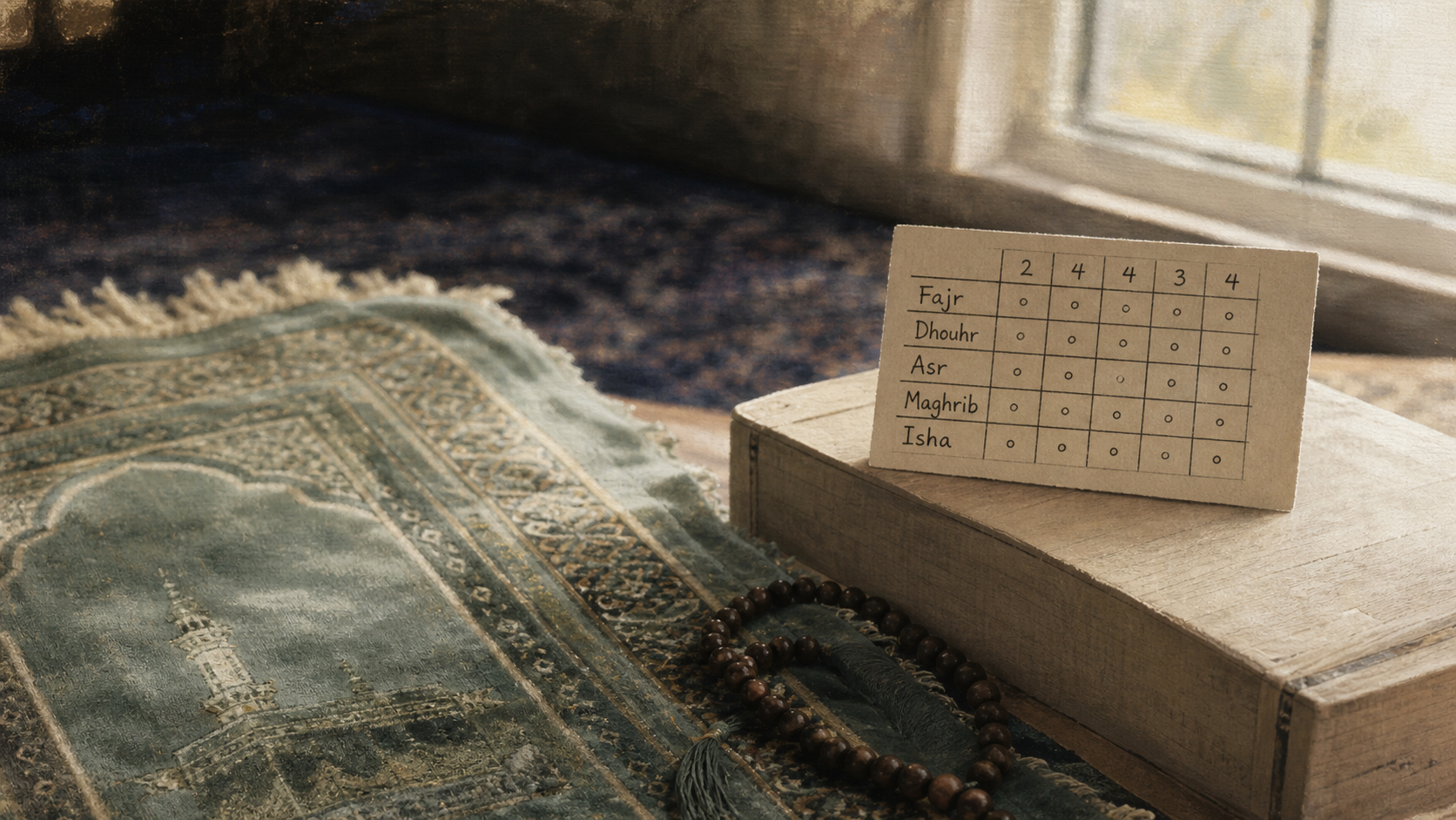 rakat priere : tableau du nombre de rakats par salat (Fajr, Dhouhr, Asr, Maghrib, Isha)