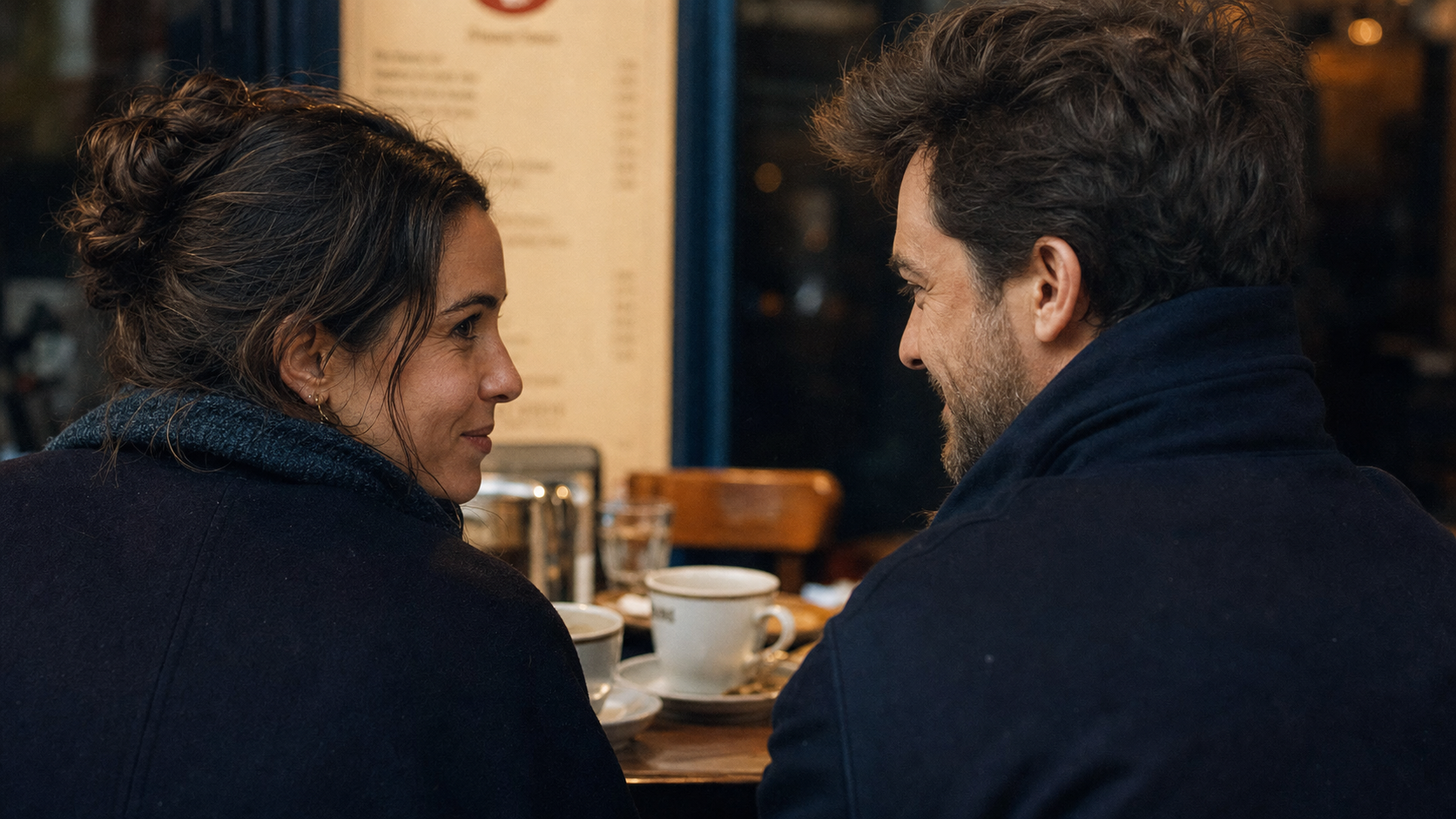 Regard amoureux signes : gros plan sur les yeux, pupilles dilatées dans un café parisien