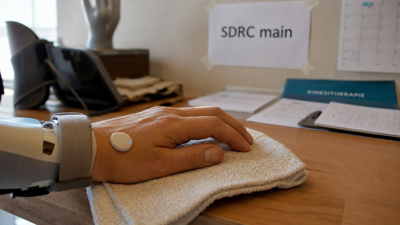 Séquelles algodystrophie main : main, orthèse et thermomètre cutané