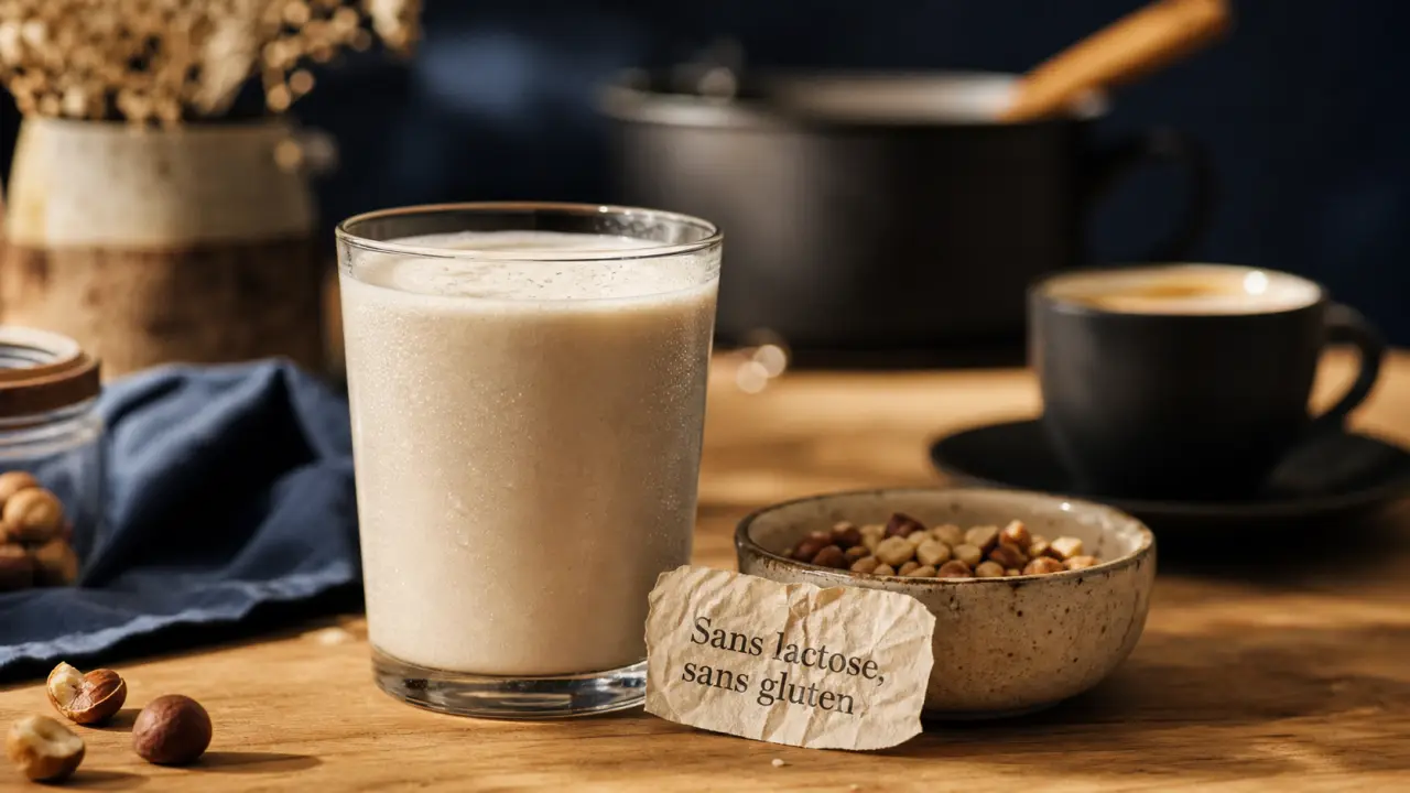 Bienfait du lait de noisette : verre sans lactose, noisettes concassées