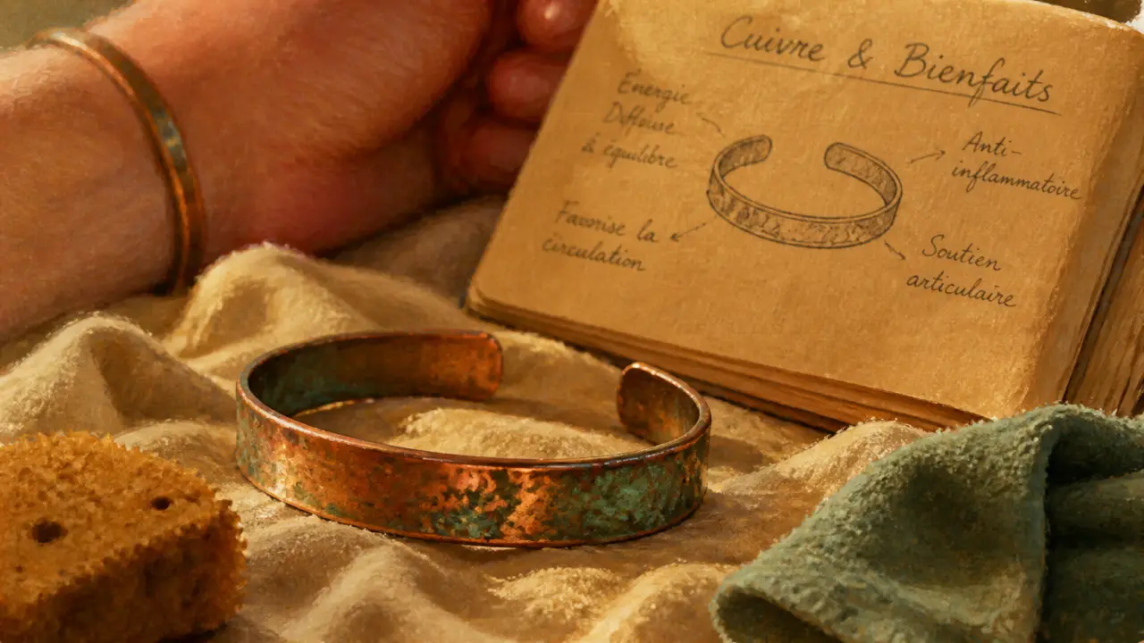Bracelet en cuivre bienfaits : cuivre sur le poignet, gros plan