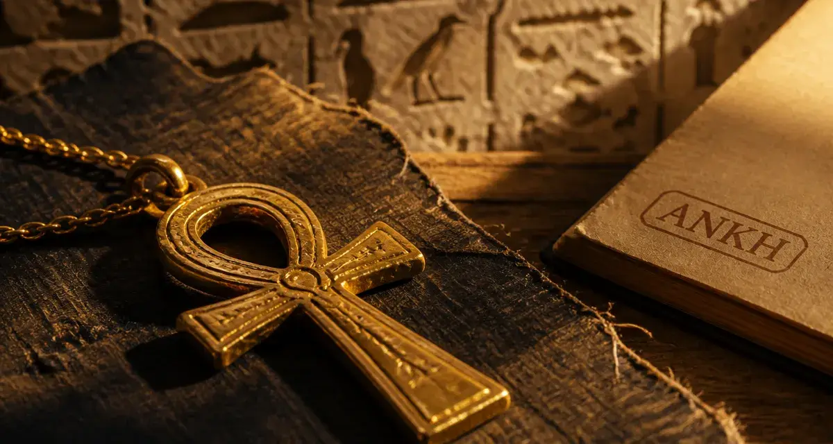 Croix ankh signification : pendentif ankh en or sur papyrus sombre