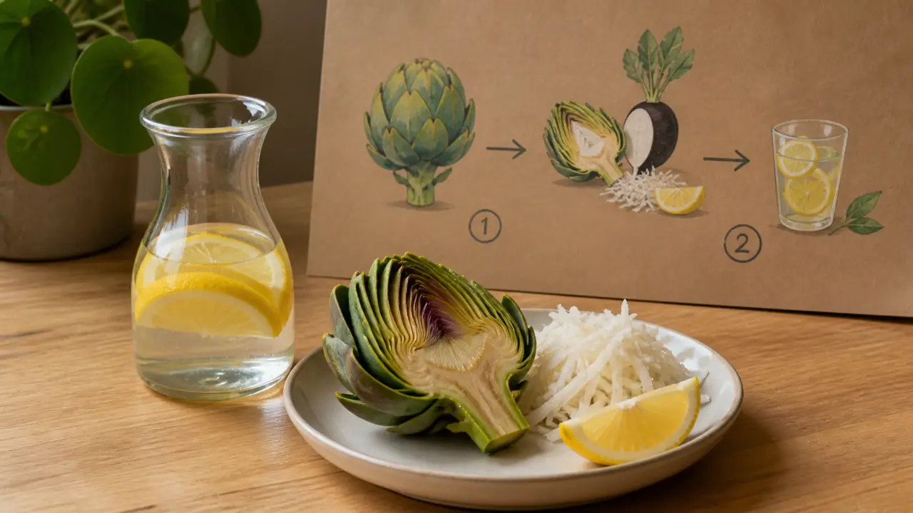 Détox du foie : soutien hépatique naturel, assiette et eau tiède citron