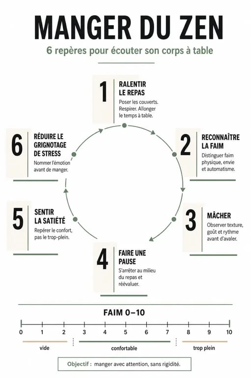 Manger du zen : infographie sur le ralentissement du repas, la satiété et la gestion du stress