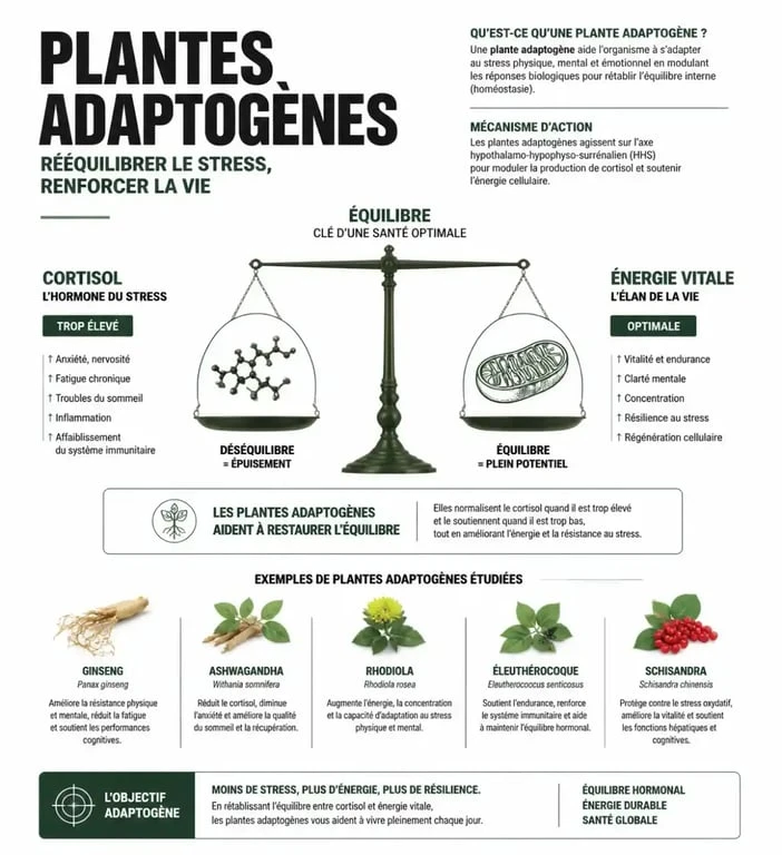 Infographie sur les plantes bien-être adaptogènes et leurs effets sur le stress