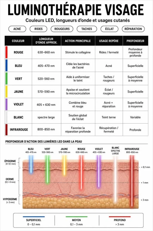 Luminothérapie visage couleur signification : infographie des couleurs LED, longueurs d’onde et effets sur la peau