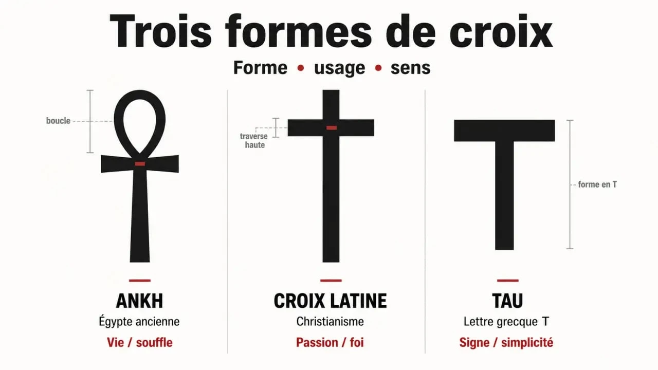 Croix ankh signification spirituelle : comparaison visuelle entre croix ankh, croix latine et tau