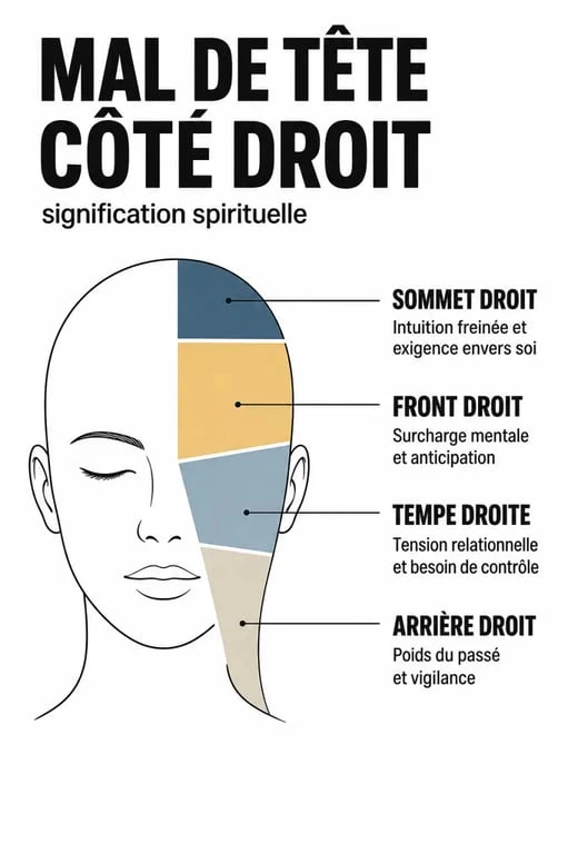 Mal de tête côté droit signification spirituelle : infographie des zones de tête et leurs lectures symboliques