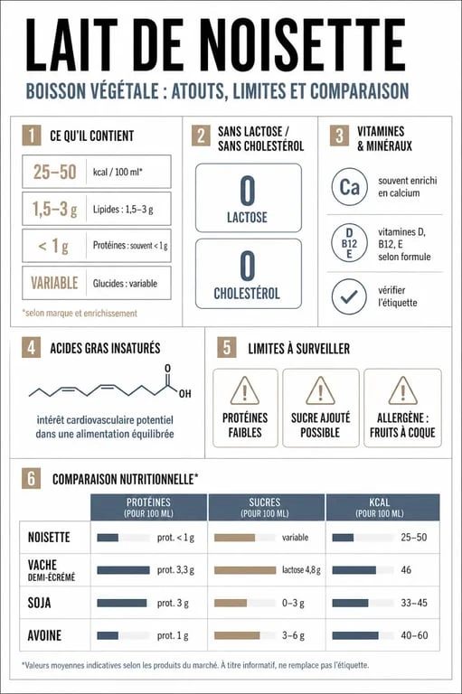 Infographie sur les bienfait du lait de noisette et sa composition nutritionnelle