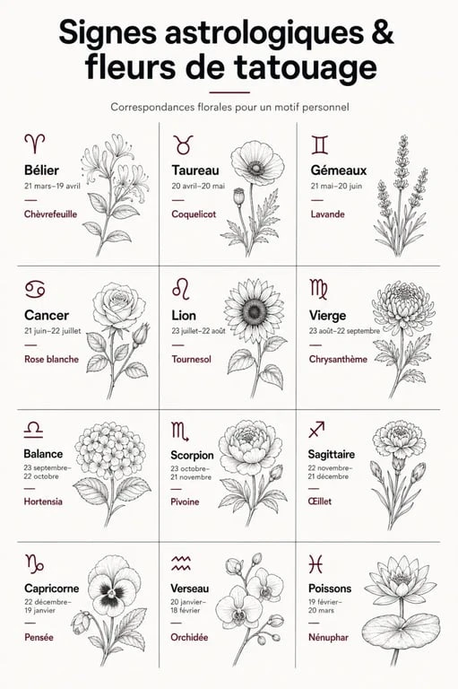 Signe astrologique fleur de naissance tatouage : grille visuelle des correspondances pour choisir un motif de tatouage