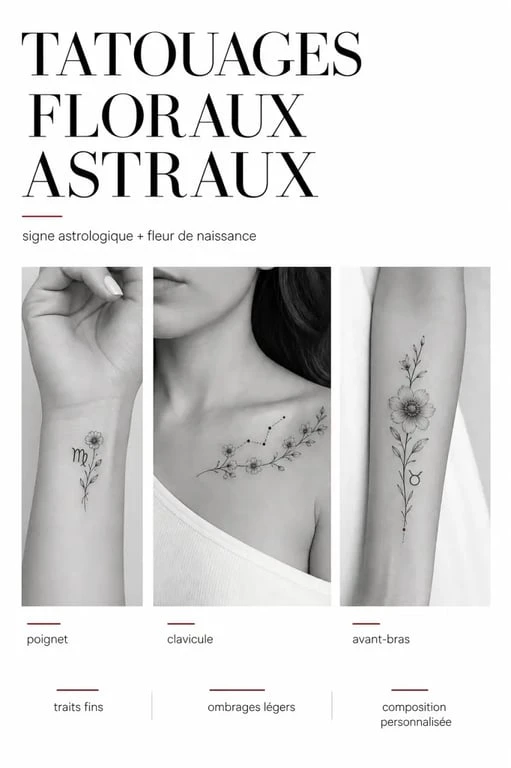 Idées de signe astrologique fleur de naissance tatouage sur poignet, clavicule et avant-bras