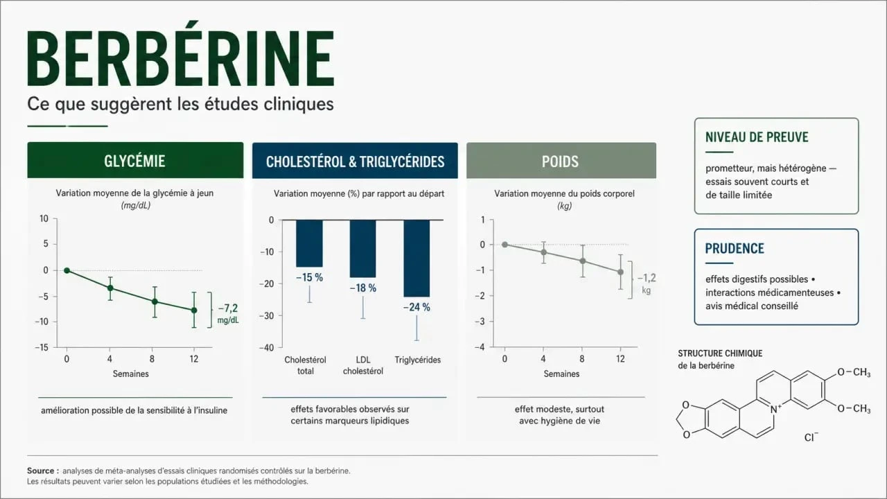 Berberine bienfaits : schéma scientifique sur glycémie, cholestérol, poids et précautions