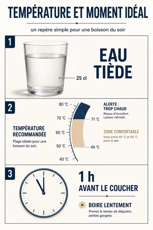 Boire de l'eau chaude avant de dormir : synthèse visuelle sur la température idéale, la quantité recommandée et le bon moment avant le coucher