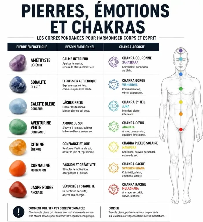Infographie des pierres énergétiques et chakras