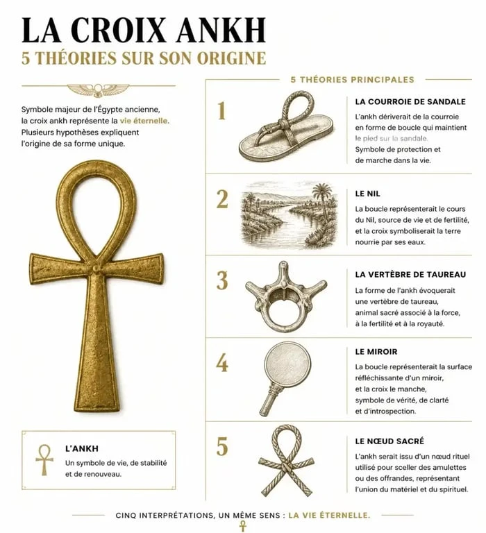 Infographie des théories sur la signification et l'origine de la croix ankh égyptienne