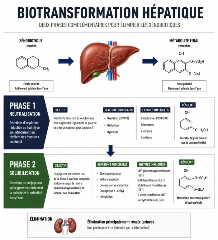 Infographie explicative des phases de détox du foie et de biotransformation hépatique