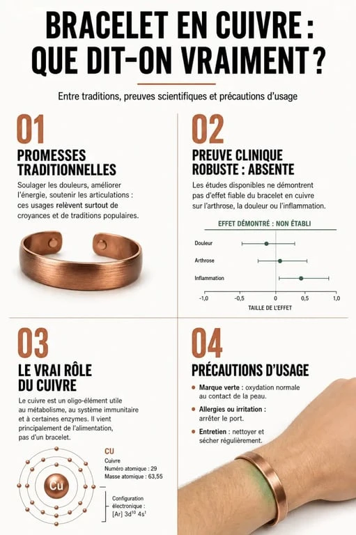 Infographie sur les bracelet en cuivre bienfaits, avec preuves scientifiques, limites et précautions d’usage