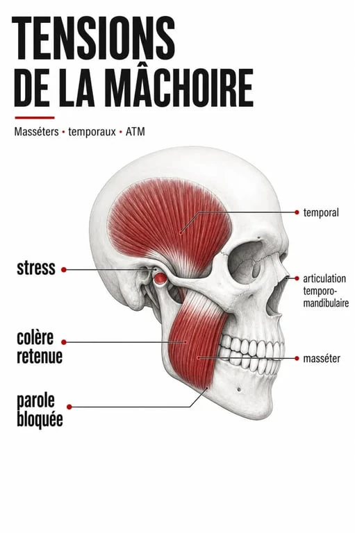 mal à la mâchoire signification spirituelle : schéma des zones de tension et des émotions associées