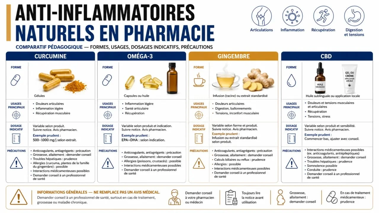 Anti-inflammatoire naturel en pharmacie : comparaison des actifs, formes et précautions