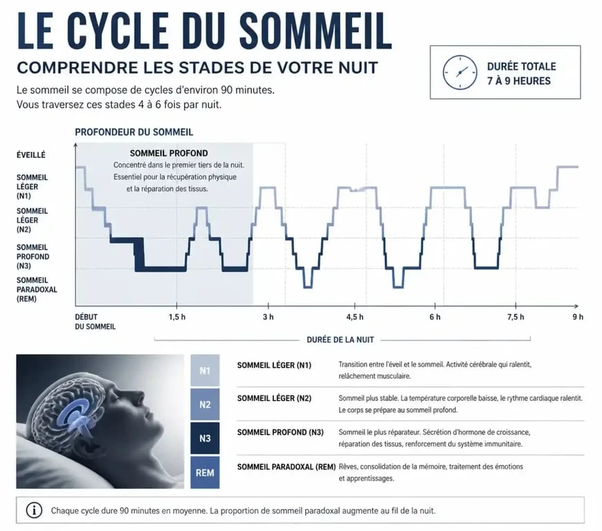 Schéma des cycles du sommeil illustrant la phase de sommeil profond pour mieux comprendre son traitement
