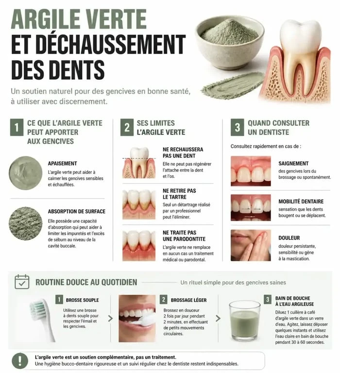 Argile verte et déchaussement des dents : schéma des bénéfices, limites et précautions d’emploi