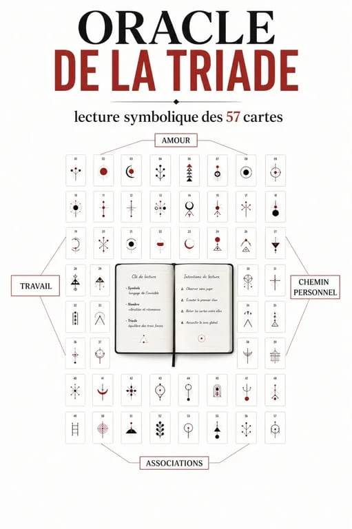 Oracle de la triade signification des cartes pdf : synthèse visuelle des 57 cartes, des domaines amour et travail, et des tirages simples.