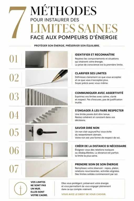 Infographie des 7 méthodes pour se protéger des pompeurs d'énergie et préserver sa santé mentale