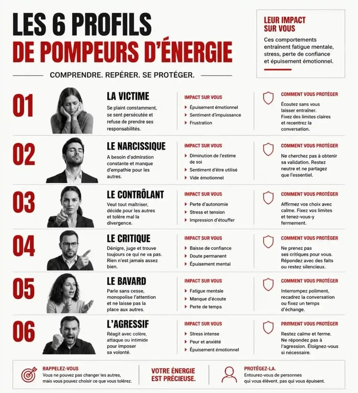 Infographie des 6 profils de pompeurs d'énergie pour identifier les comportements toxiques