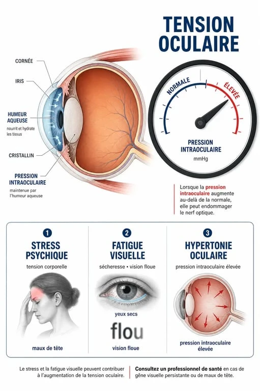 Stress et tension oculaire : schéma simplifié de la pression intraoculaire et des signes à surveiller