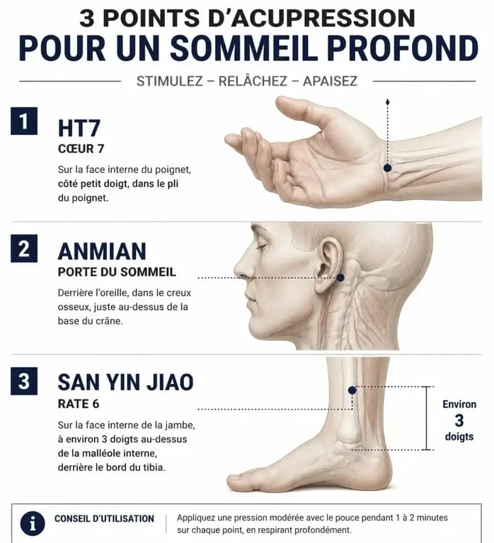 Point acupuncture sommeil profond : schéma anatomique des points HT7, Anmian et San Yin Jiao