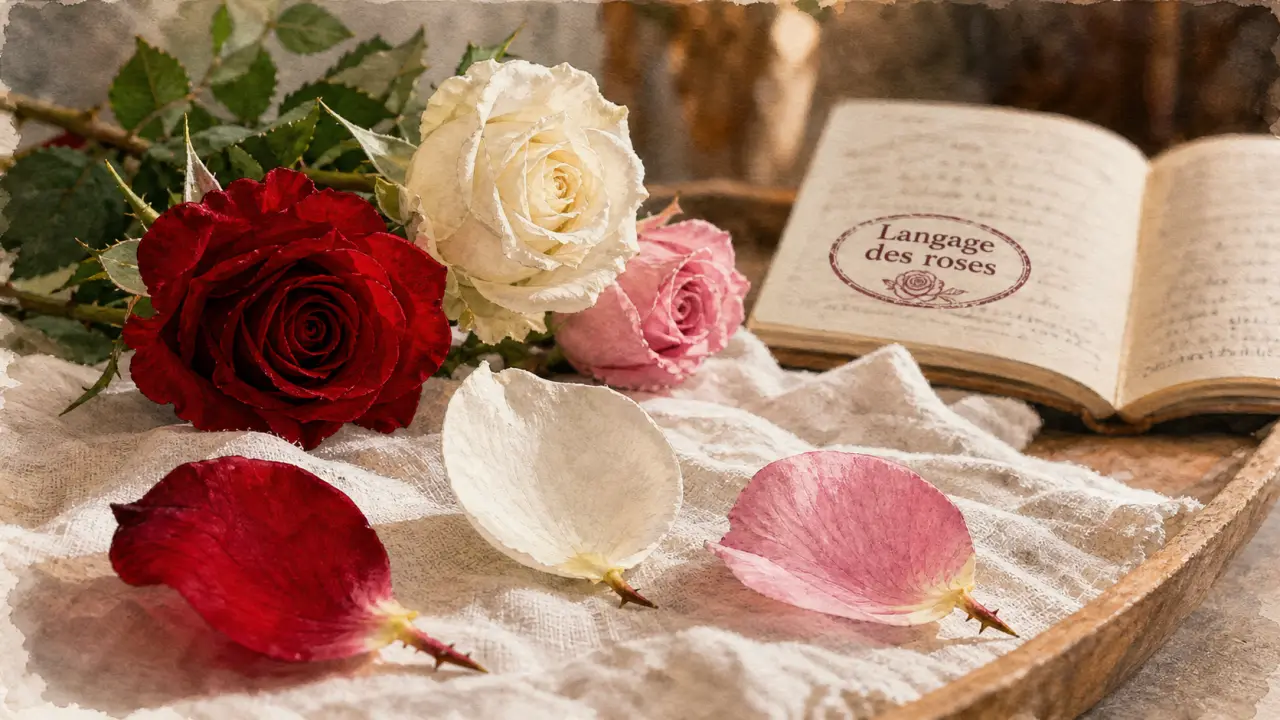 La symbolique de la rose : amour, pureté et passage du temps, bouquet sur lin et bois.