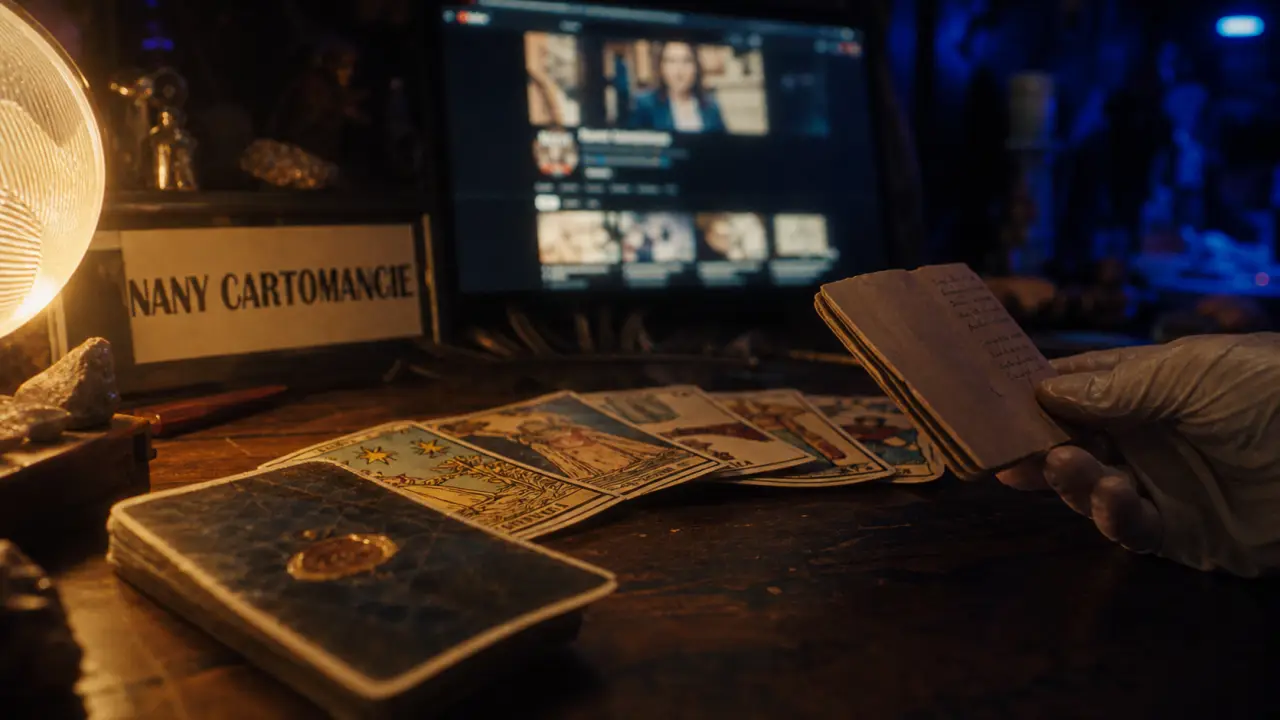 Nany cartomancienne au tarot devant l’écran YouTube NANY CARTOMANCIE