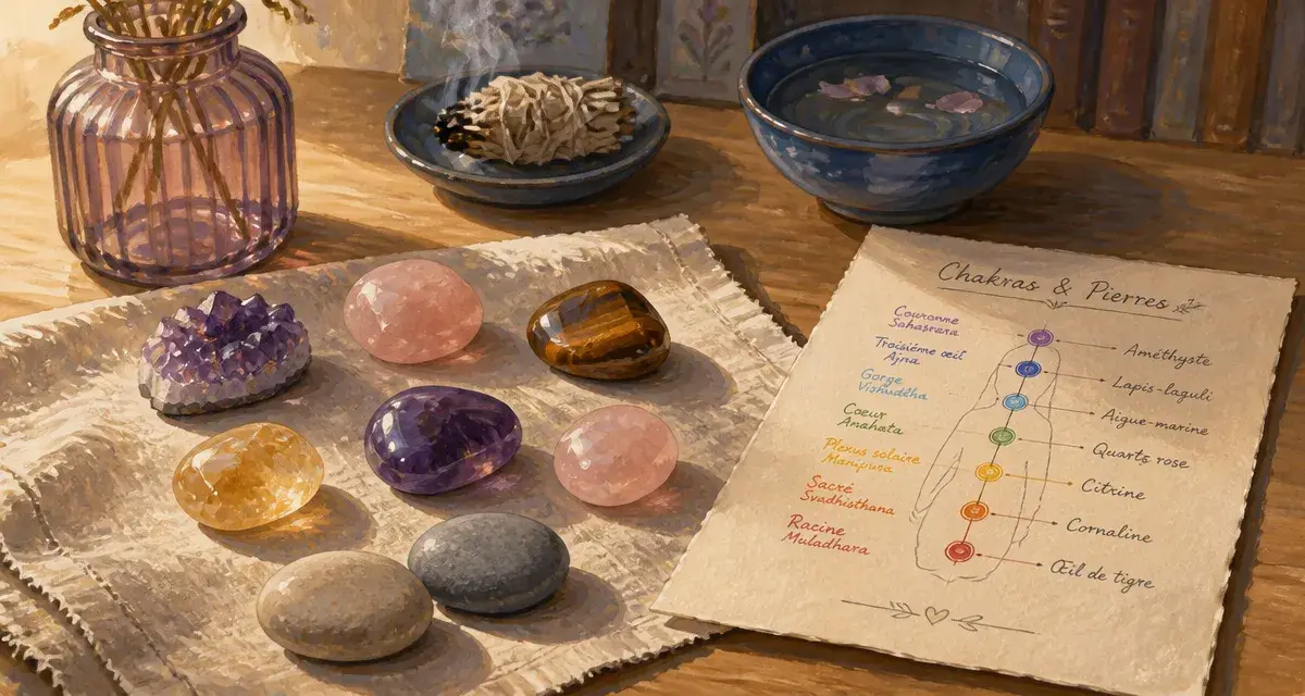 Pierres énergétiques : assortiment de cristaux sur table et correspondances chakras