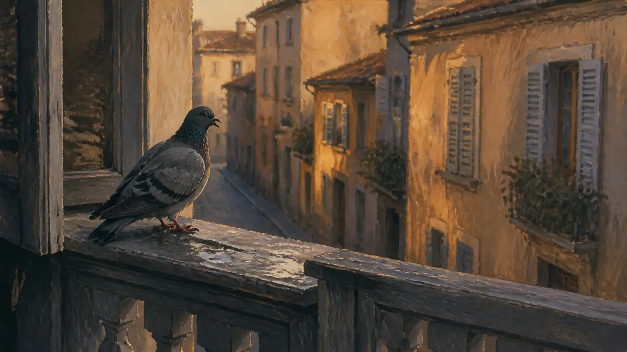 Pigeon signification spirituelle, paix et fidélité sur un balcon