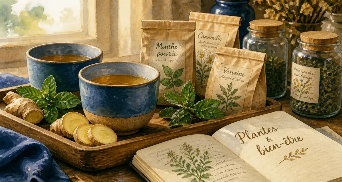 Plante bien etre : tasses de tisane et plantes sur un plateau en bois
