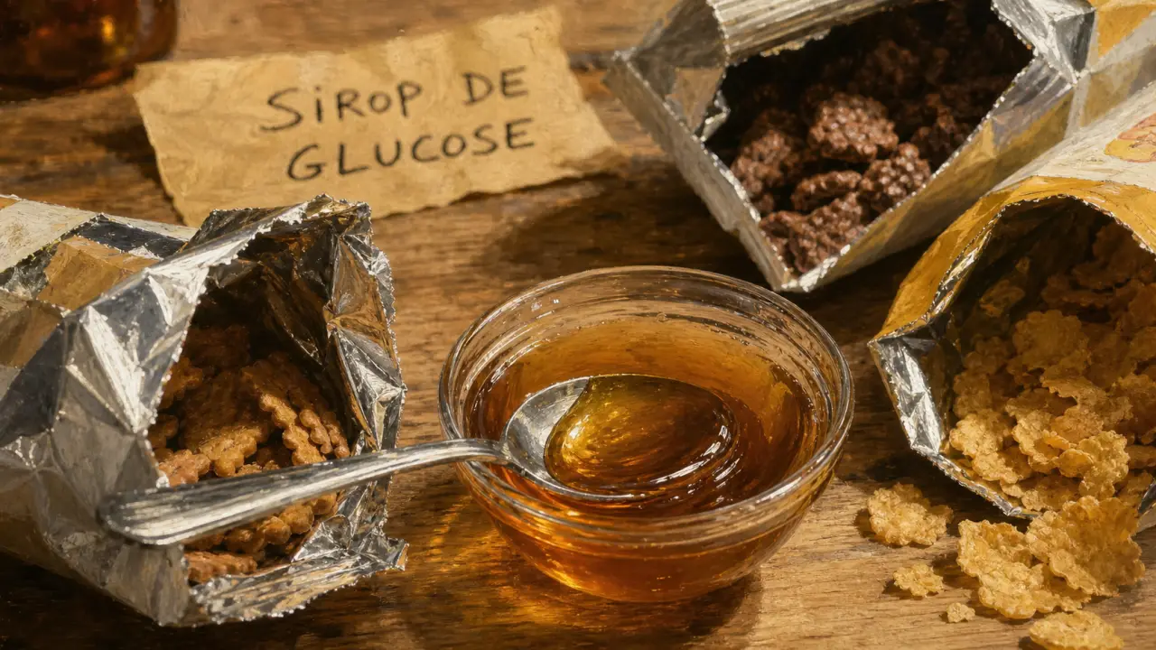 Sirop de glucose santé : cuillère de sirop et emballages de biscuits