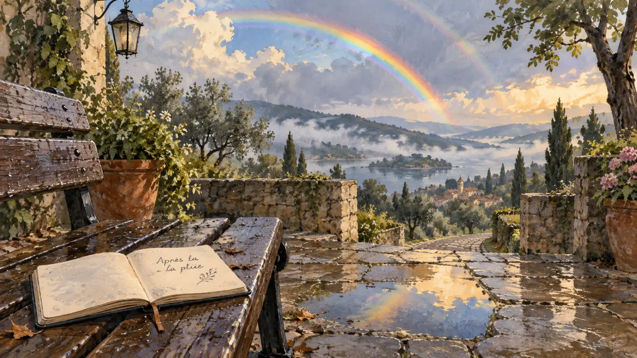 Arc en ciel signification spirituelle, espoir après la pluie sur une terrasse mouillée