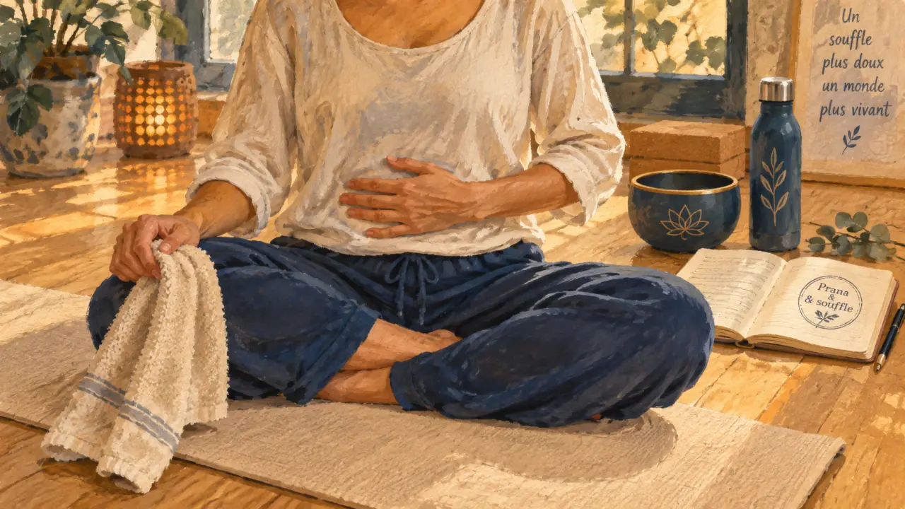 Énergie yoga : prana et souffle sur tapis beige en salle lumineuse