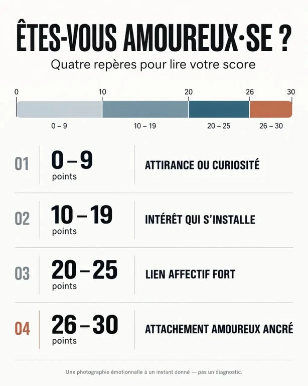 Infographie du test savoir si on est amoureux avec les scores et leur interprétation