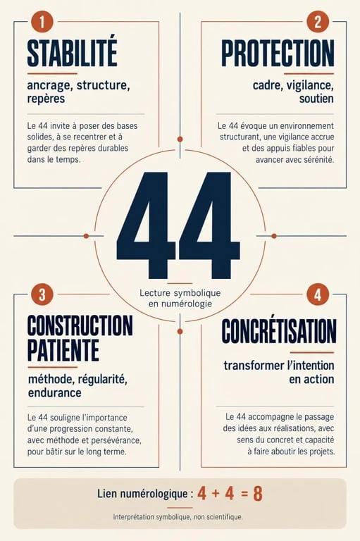 Infographie sur la 44 signification spirituelle : stabilité, protection et construction patiente