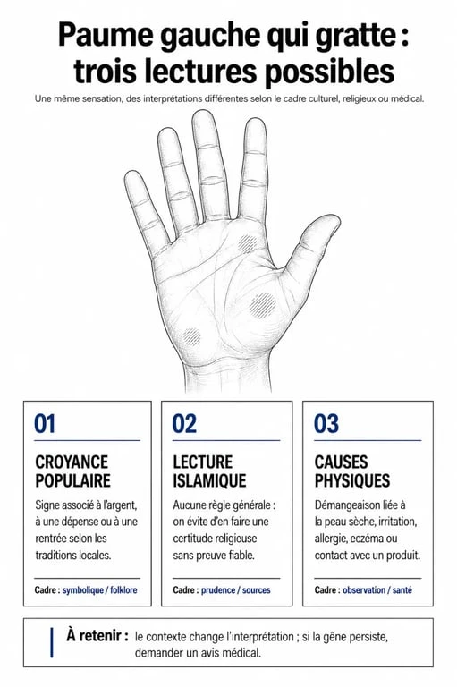 Paume main gauche qui gratte islam : visuel comparatif entre croyance populaire, lecture islamique et causes physiques