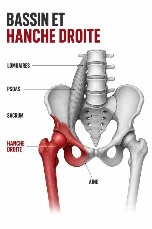 Mal hanche droite signification spirituelle : schéma du bassin, de la hanche et du psoas
