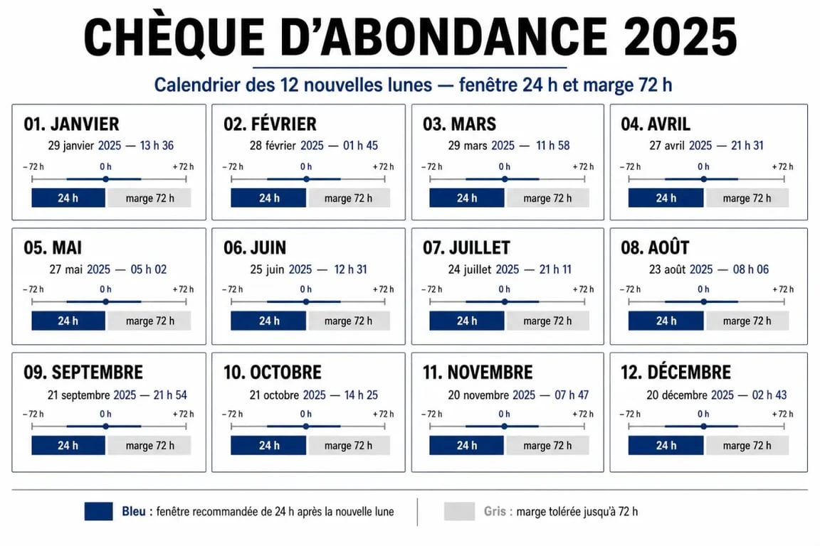 Calendrier du chèque d abondance 2025 date avec les nouvelles lunes et la fenêtre de pratique