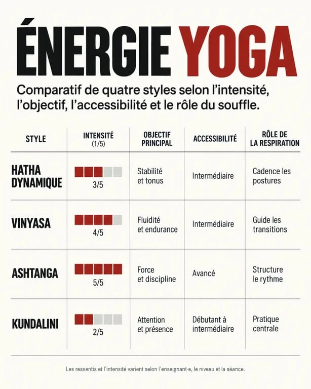 Infographie comparative sur l’énergie yoga et les styles de pratique